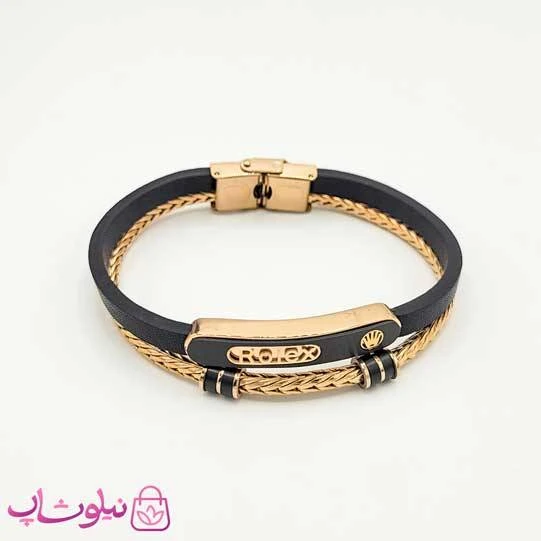 دستبند مردانه چرم و استیل رولکس رزگلد مشکی