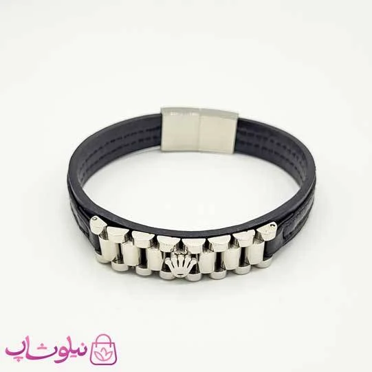 دستبند مردانه چرم و استیل رولکس مشکی نقره ای