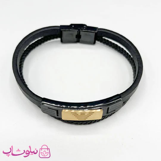 دستبند مردانه چرم و استیل مدل تک لوگو امپریو آرمانی طلایی کد 1188