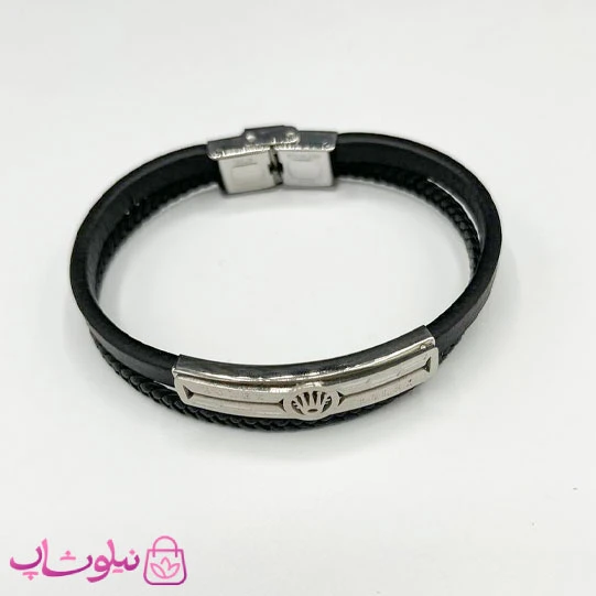 دستبند مردانه چرم و استیل مدل رولکس نقره ای کد 1188