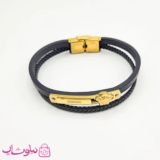 دستبند مردانه چرم و استیل مدل ورساچه سر شیر برجسته کد 1188