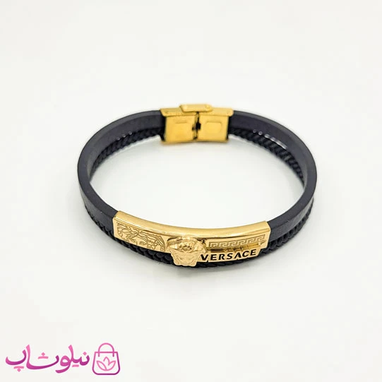 دستبند مردانه چرم و استیل مدل ورساچه مشکی طلایی کد 1188