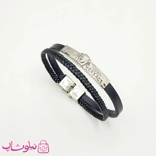 دستبند مردانه چرم و استیل مدل ورساچه مشکی نقره ای کد 1188