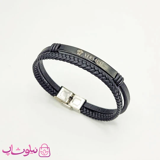 دستبند مردانه چرم و استیل مدل ورساچه مشکی کد 788