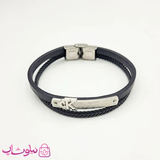 دستبند مردانه چرم و استیل مدل کلوین کلین مشکی نقره ای کد 1188