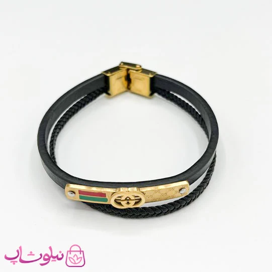 دستبند مردانه چرم و استیل مدل گوچی طلایی کد 1188