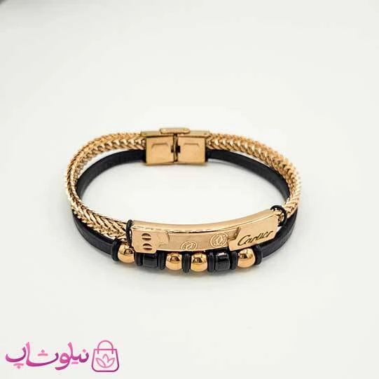 دستبند مردانه چرم و استیل کارتیه دولاین