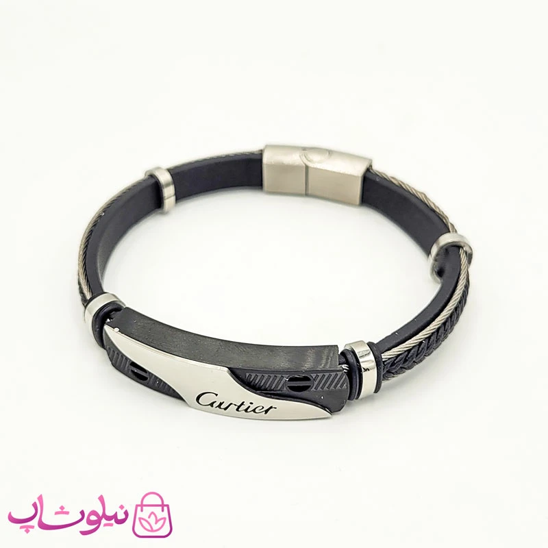 دستبند مردانه چرم و استیل کارتیه سیلور کد 1053-1