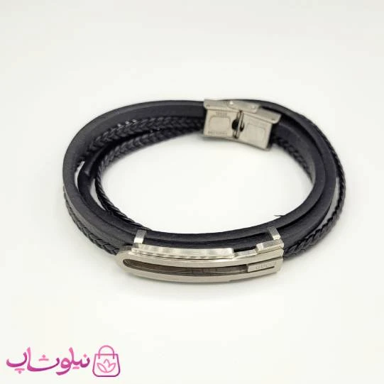 دستبند مردانه گوچی چرم استیل چندلاین مشکی نقره ای کد 370