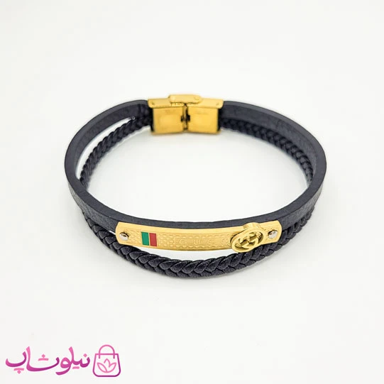 دستبند پسرانه چرم و استیل مدل گوچی Gucci مشکی طلایی کد 1188