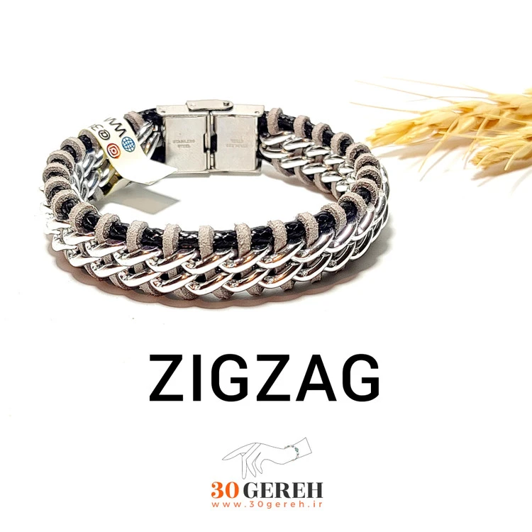 دستبند چرم و استیل ترکیبی زیگزاگ سی گره چرم و زنجیر کارتیر استیل