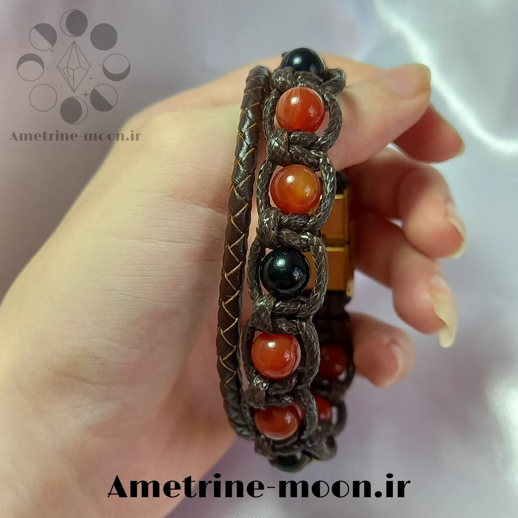دستبند کارنلین و اونیکس چرم لوکس  و لاکچری