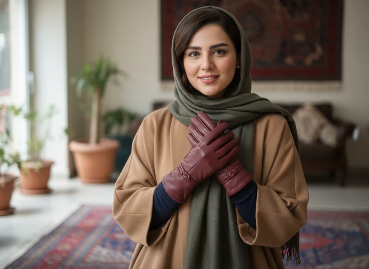 دستکش زنانه چرم طبیعی گوسفندی مدل بافت