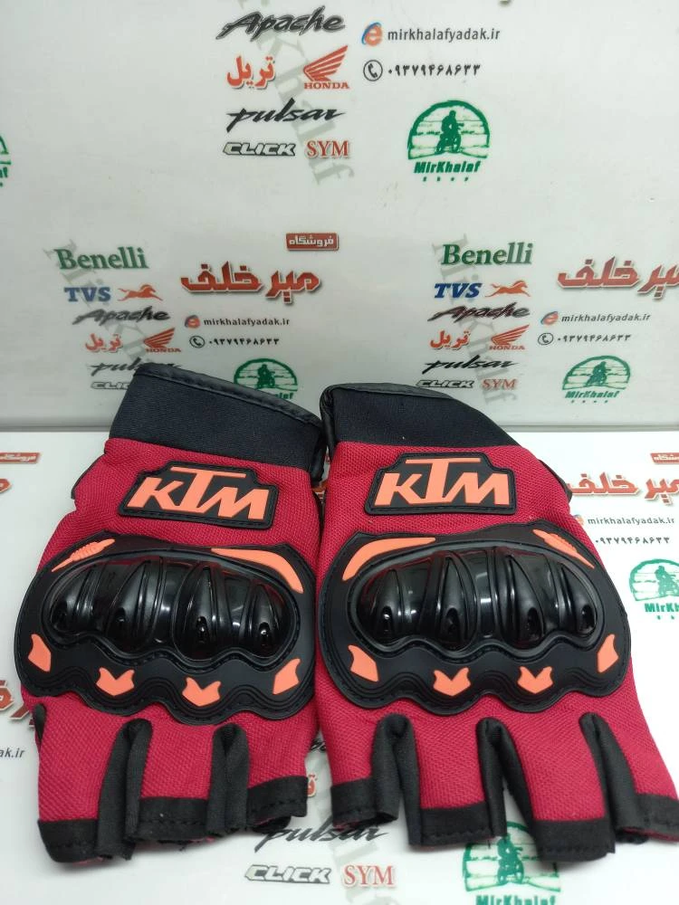 دستکش نیمه انگشتی حرفه ای پروتکشن دار (ضربه گیر) اسپرت مدل ktm کی تی ام قرمز