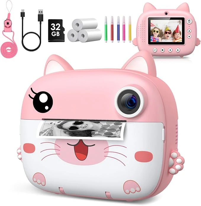 دوربین چاپ سریع کودکانه مدل DIY Instant Digital Camera طرح گربه صورتی | آمازونیکس