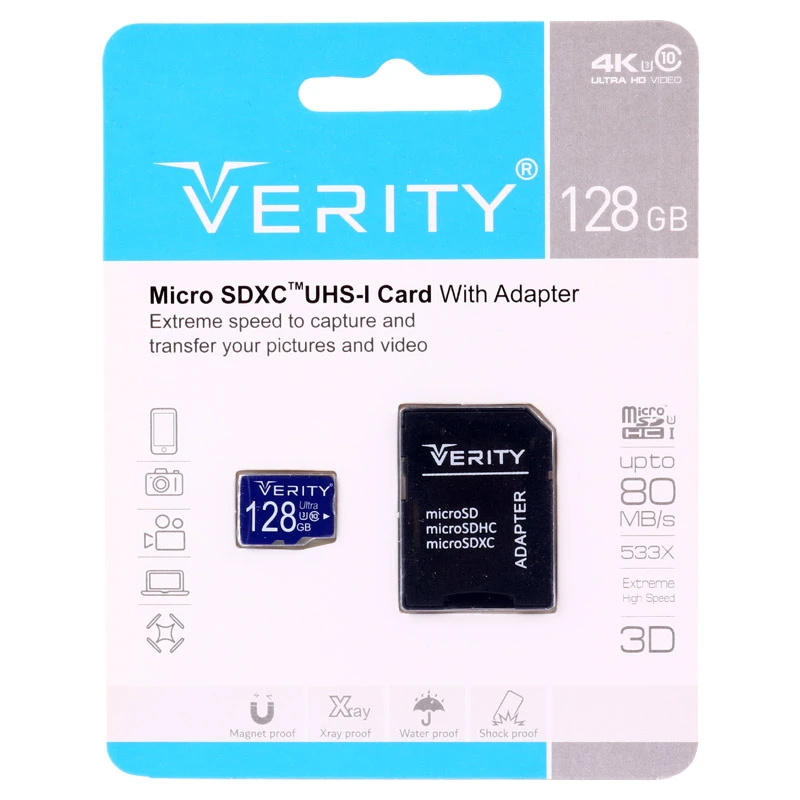 رم میکرو 128 گیگ VERITY مدل U3 80MBs 533X آداپتور دار