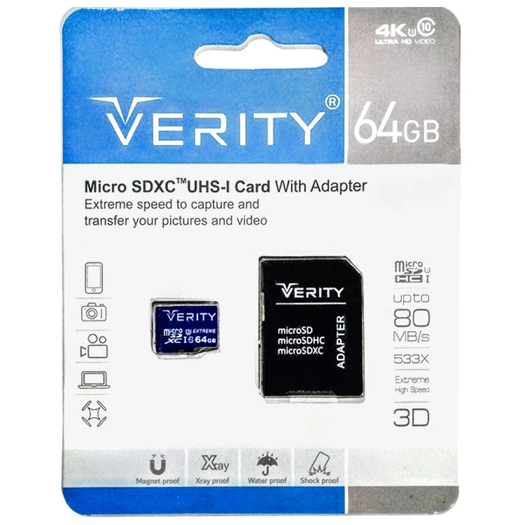 رم میکرو 64 گیگ VERITY مدل U3 80MBs 533X آداپتور دار