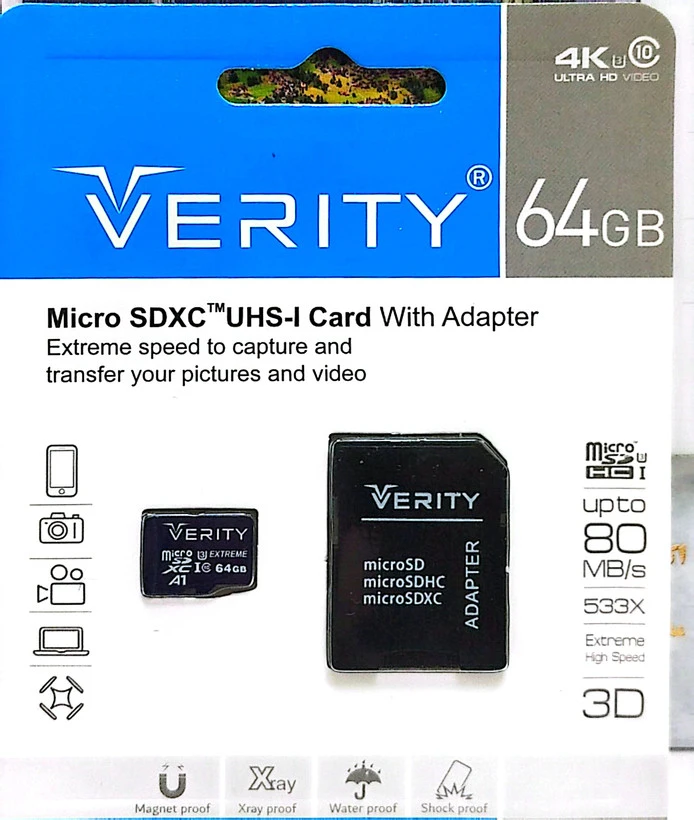 رم میکرو 64 گیگ وریتی Verity U3 C10 80MB/s + خشاب