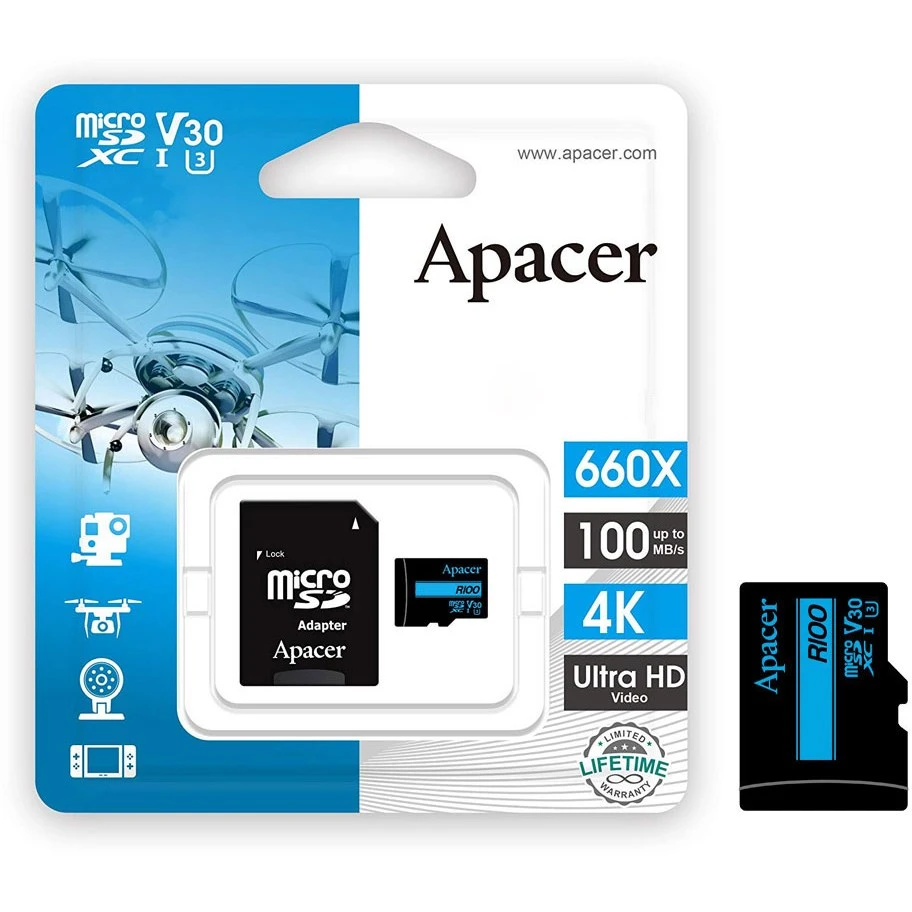 رم میکرو ۱۲۸ گیگ اپیسر Apacer Rioo A1 V30 U3 C10 100MBs + خشاب ا Apacer Rioo A1 V30 U3 C10