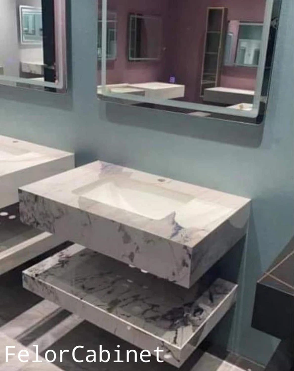 روشویی پرسلان مدل 1051 با شلف سرامیکی طرح سنگ و آویز مدرن