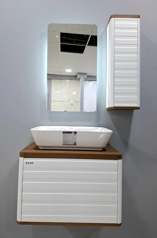 روشویی کابینتی مدلPسفید طرح چوب رویه مستعطیل فول ست اینه تاچ بک لایت
