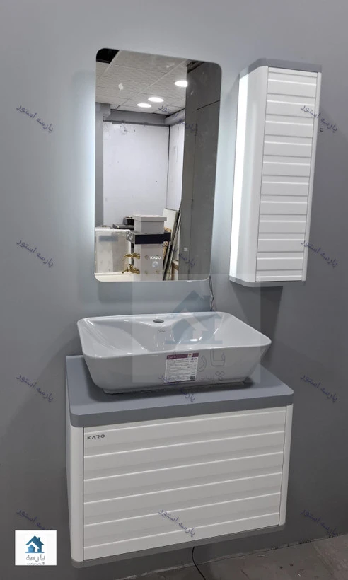 روشویی کابینتی مدلPسفید طوسی فول ست اینه تاچ بک لایت