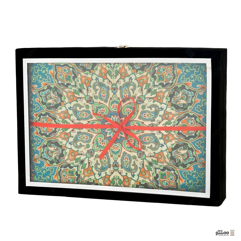 رومیزی ترمه مربع طرح گلستان رنگ آبی با جعبه