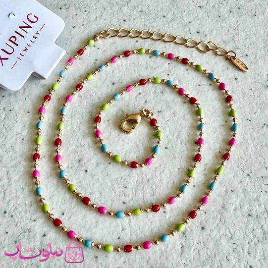 زنجیر زنانه ژوپینگ طلایی مدل مهره ای رنگارنگ کد 4691