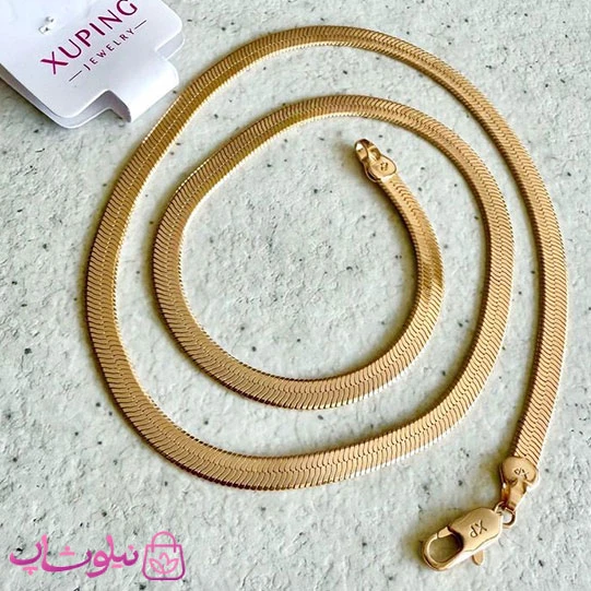 زنجیر زنانه ژوپینگ طلایی مدل هرینگبون تخت طول 50 سانت عرض 5 میل کد 6491