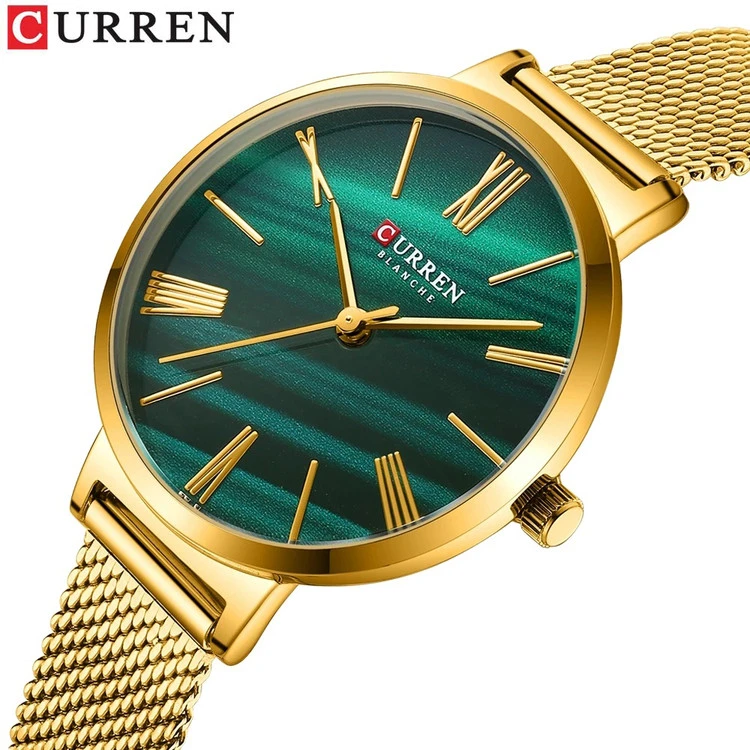 ساعت استیل زنانه بند حصیری یونانی کارن 9076S (کورن CURREN) طلایی-سبز