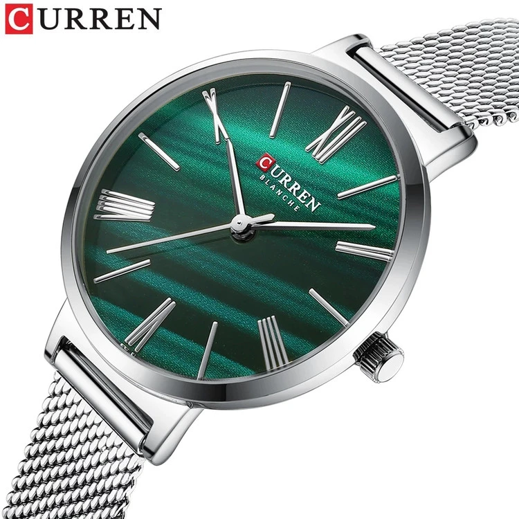 ساعت استیل زنانه بند حصیری یونانی کارن 9076S (کورن CURREN) نقره ای-سبز