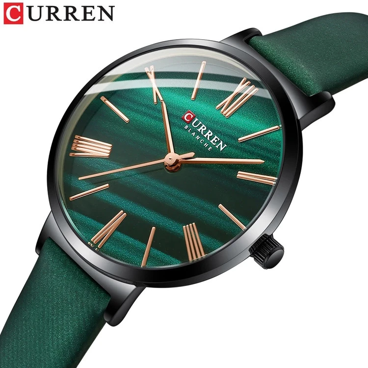 ساعت استیل زنانه بند چرمی یونانی کارن 9076L (کورن CURREN) سبز