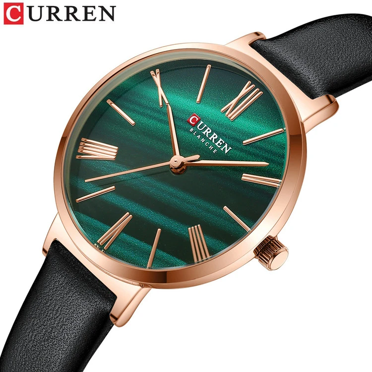 ساعت استیل زنانه بند چرمی یونانی کارن 9076L (کورن CURREN) مشکی-سبز