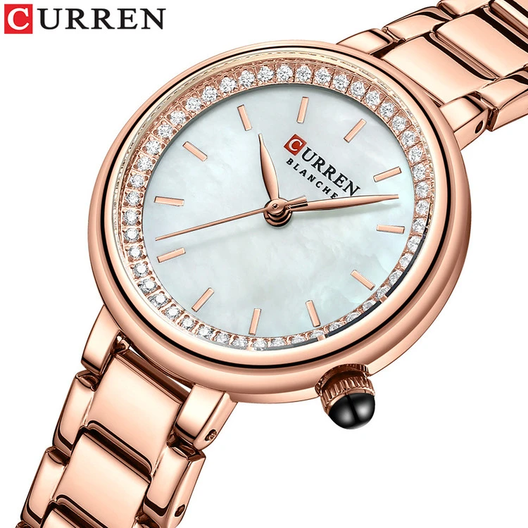 ساعت استیل زنانه نگین دار کارن 9089 (کورن CURREN) رزگلد-سفید