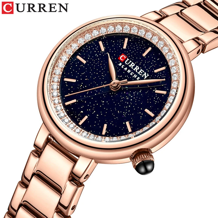 ساعت استیل زنانه نگین دار کارن 9089 (کورن CURREN) رزگلد-مشکی