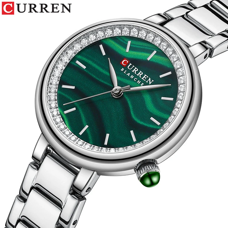 ساعت استیل زنانه نگین دار کارن 9089 (کورن CURREN) نقره ای-سبز