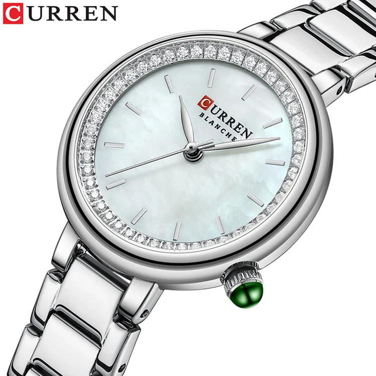ساعت استیل زنانه نگین دار کارن 9089 (کورن CURREN) نقره ای-سفید