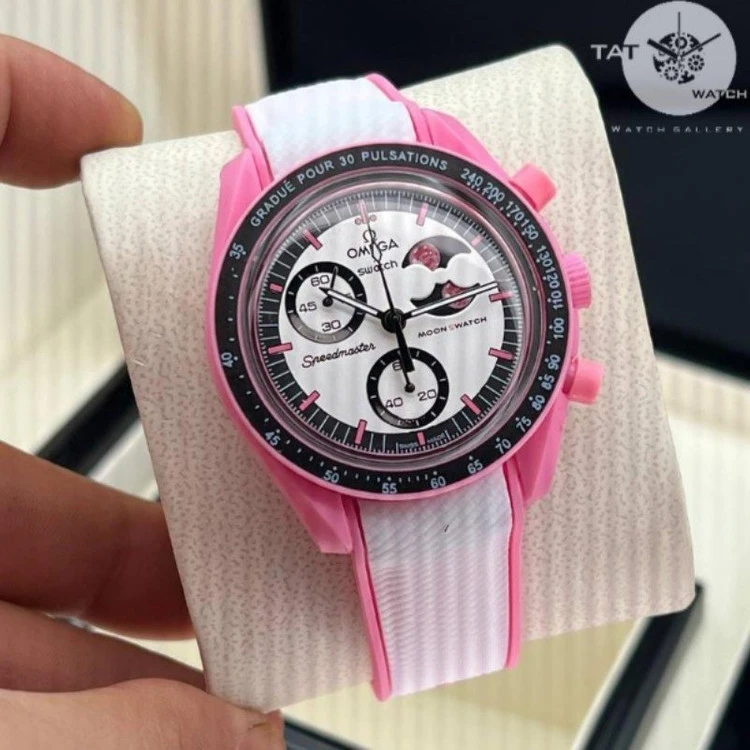 ساعت امگا سواچ ماه صورتی pink moon بند رابر سه موتوره omega swatch