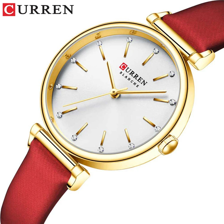 ساعت اورجینال زنانه بند چرمی کورن 9081L (کارن CURREN) قرمز-سفید
