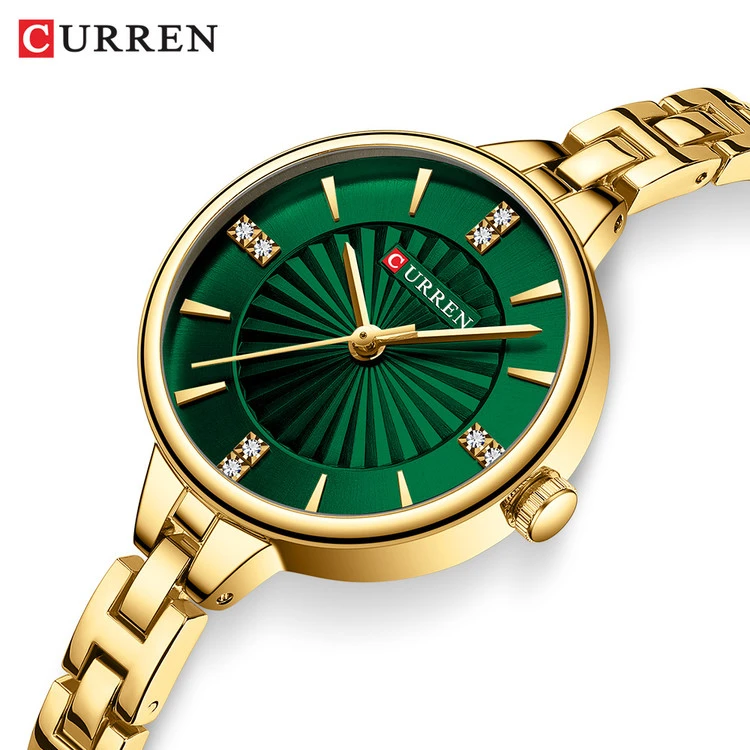 ساعت بند استیل زنانه کارن 9097 (کورن CURREN) طلایی-سبز