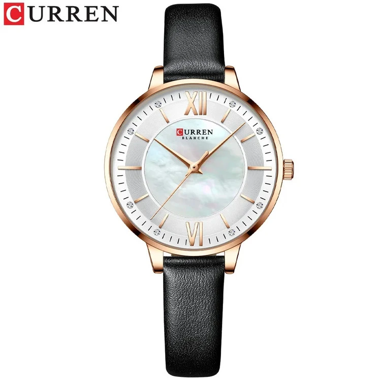 ساعت بند چرمی زنانه اورجینال کارن 9080 (کورن CURREN) مشکی-سفید