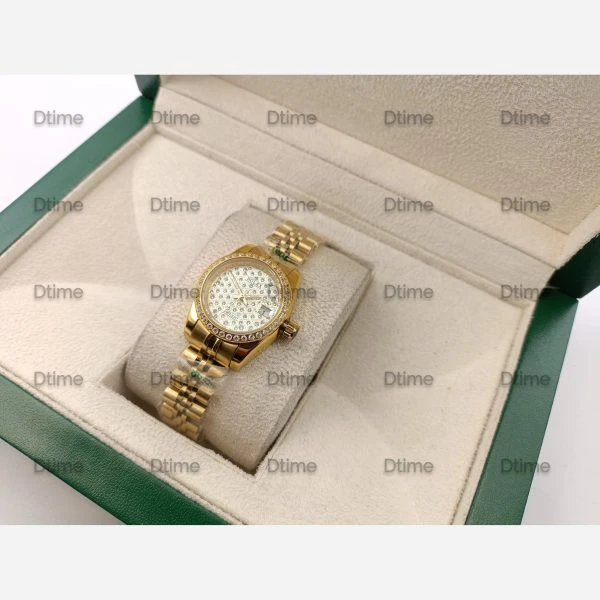 ساعت رولکس دیت جاست فول نگین طلایی صفحه سفید تک زنانه