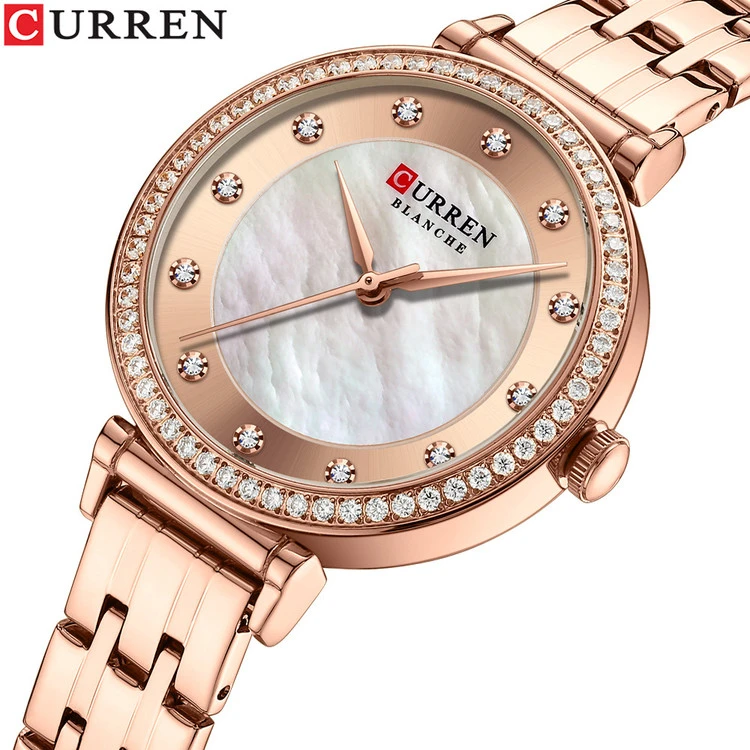 ساعت زنانه بند استیل نگین دار کارن 9087 (کورن CURREN) رزگلد