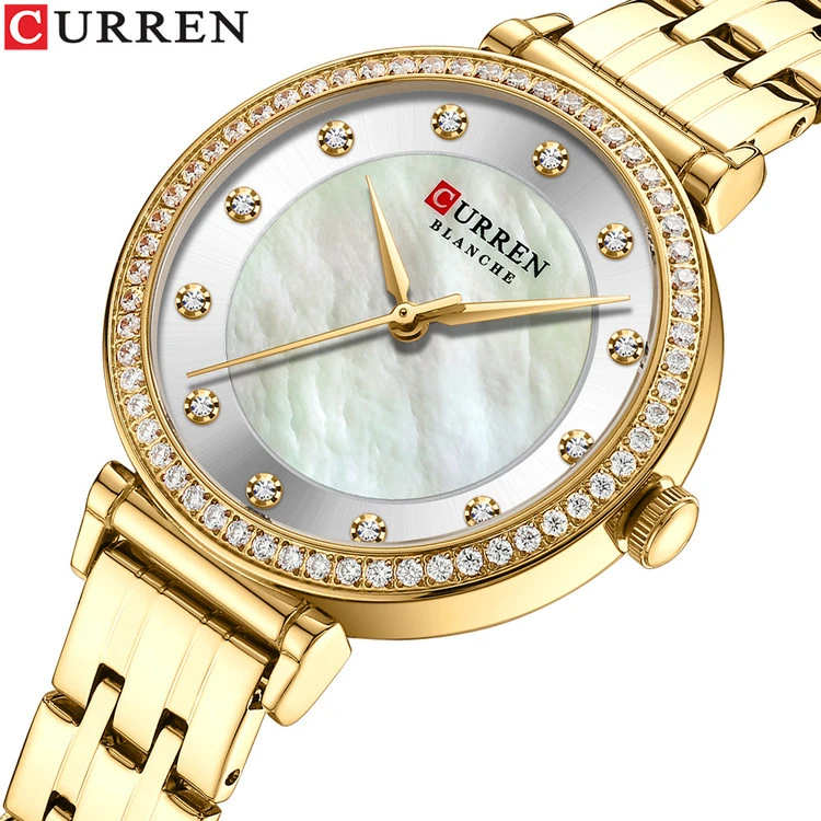 ساعت زنانه بند استیل نگین دار کارن 9087 (کورن CURREN) طلایی-سفید