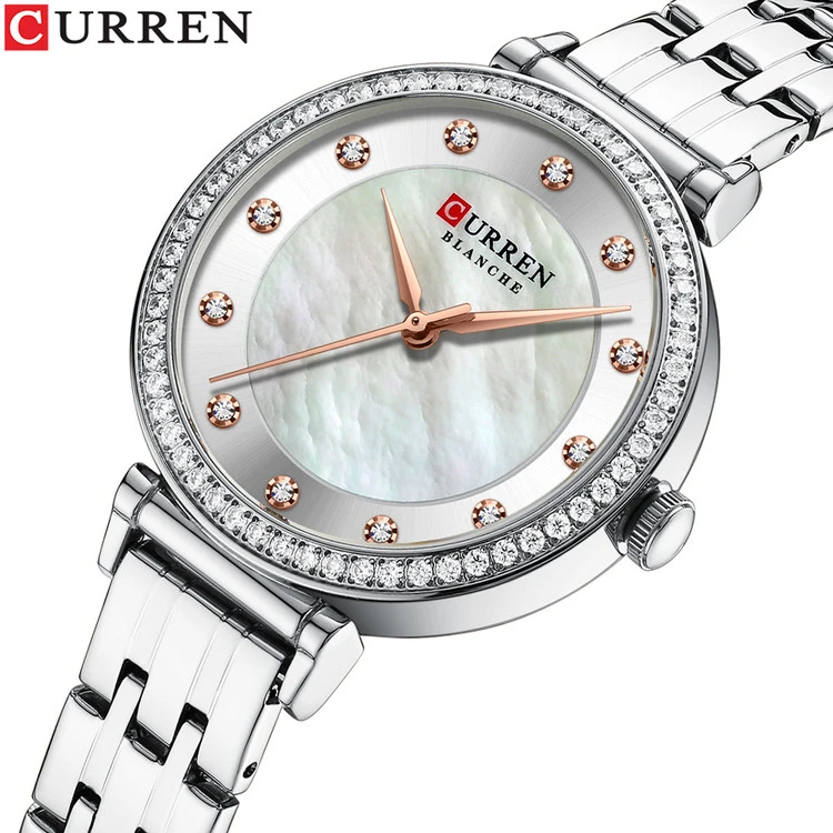 ساعت زنانه بند استیل نگین دار کارن 9087 (کورن CURREN) نقره ای-سفید