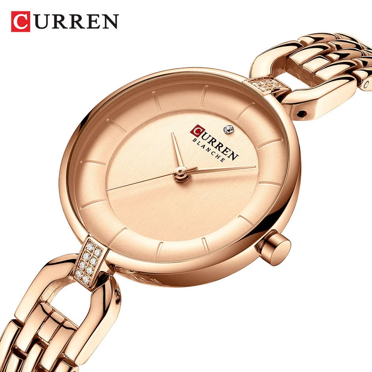 ساعت زنانه خاص نگین دار بند استیل کارن 9052 (کورن CURREN) رزگلد