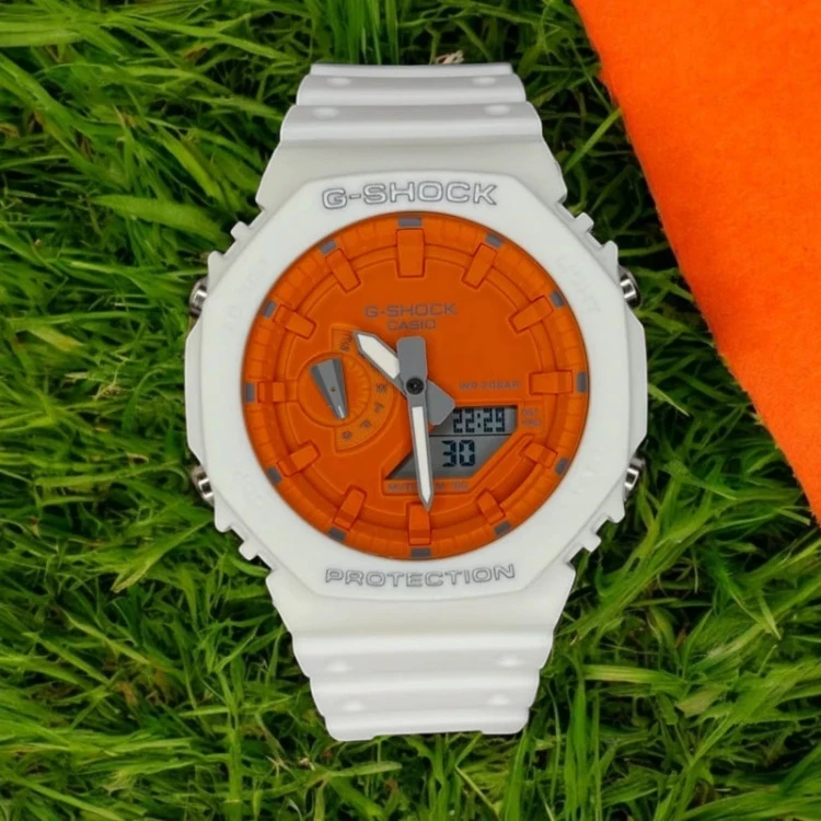 ساعت زنانه و مردانه کاسیو جیشاک سفید نارنجی Casio G-Shock GA-2100