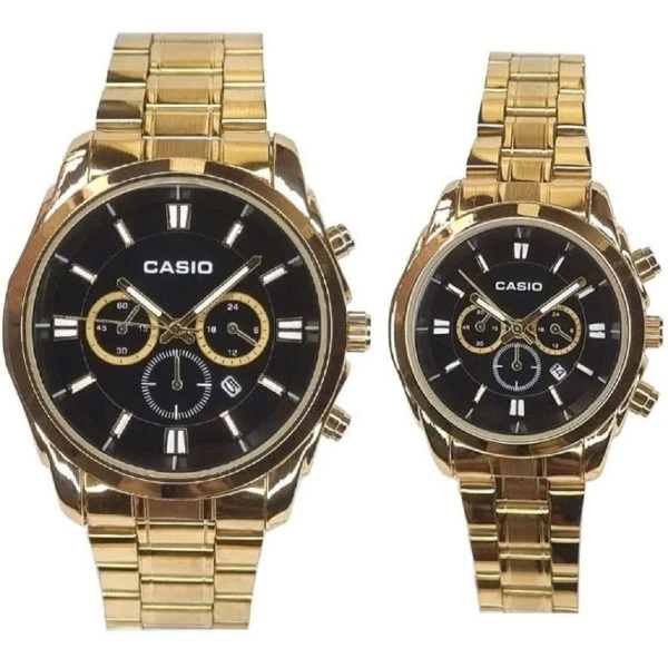 ساعت ست مردانه زنانه برند کاسیو Casio طرح سه موتوره طلایی صفحه مشکی
