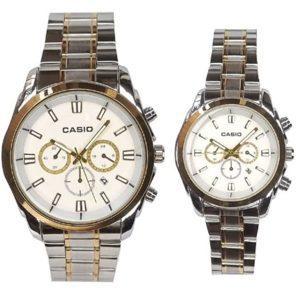 ساعت ست مردانه زنانه برند کاسیو Casio طرح سه موتوره نقره ای طلایی