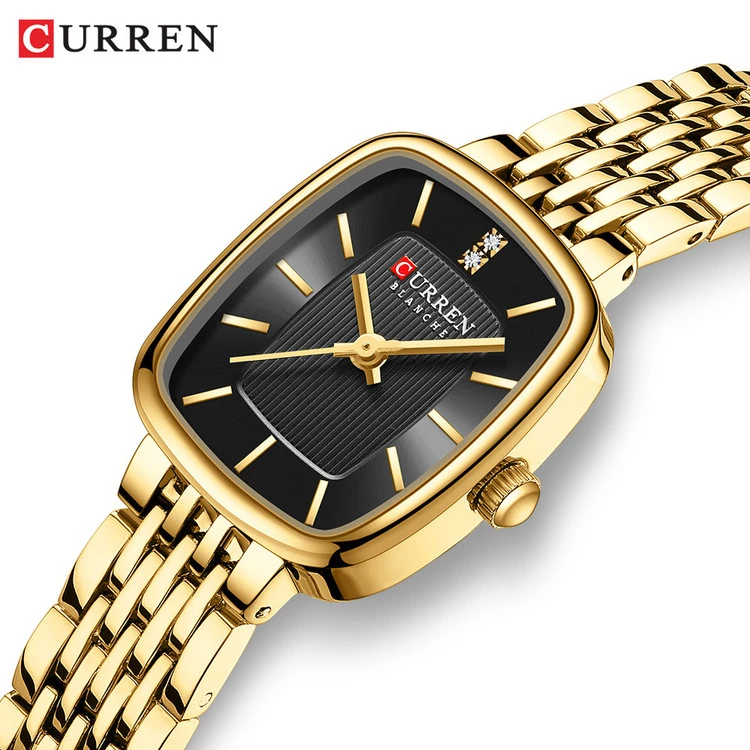 ساعت صفحه مستطیل زنانه کارن 9093 (کورن CURREN) طلایی-مشکی